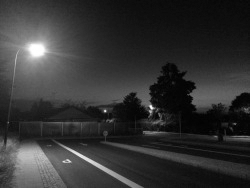 black and white image of an empty suburban street in lit by streetlights