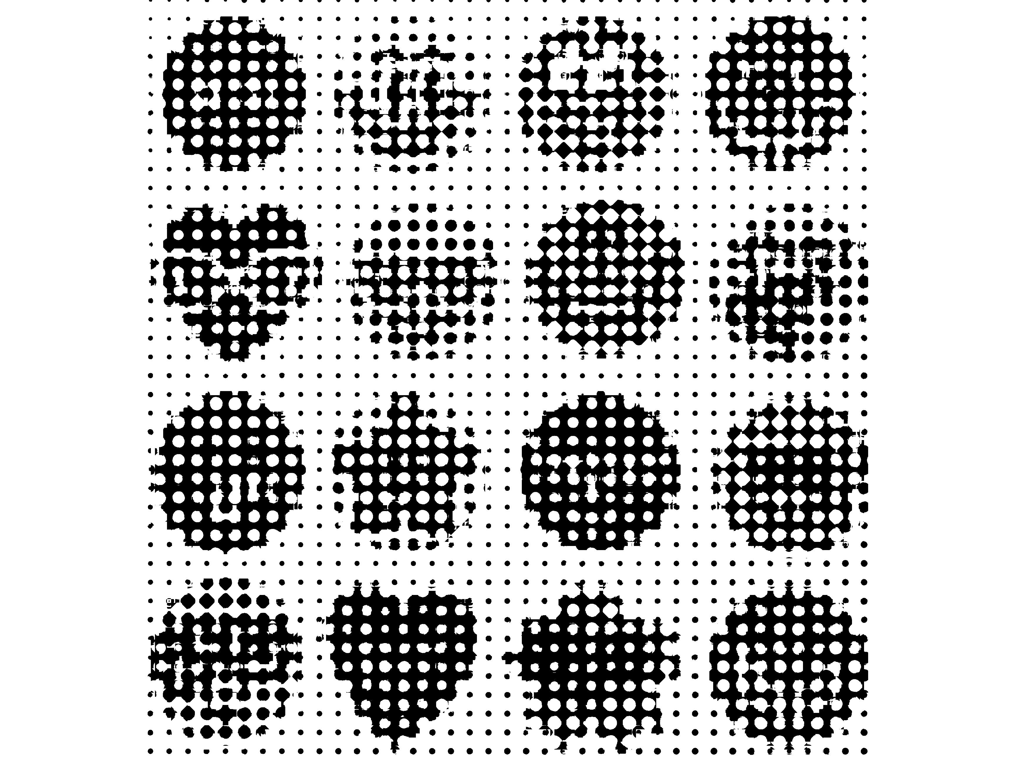 4 times 4 rows of black and white pixelated shapes, circles, hearts, flowers